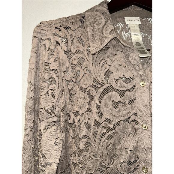 Chicos Blouse Womens Medium Taupe Lace Floral Feminine Romantic Button Up - Picture 2 of 11